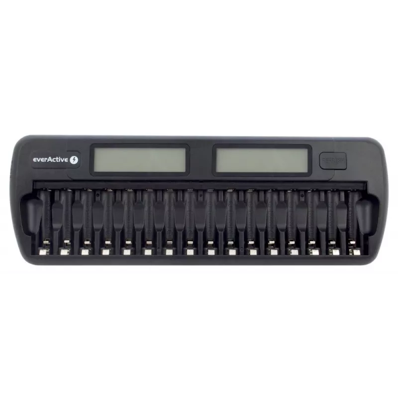 Cargador de baterías everActive NC-1600 — cargador universal DC para Li-Ion, compatible con 16 celdas, tamaños compatibles AA/AAA/C, negro, AC 100–240V 50–60Hz