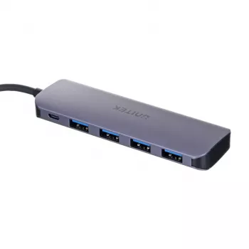 Hub USB Unitek P5+ — 5 puertos (4 × USB 3.2 Gen 2 Type-A), host USB 3.2 Gen 1, 5 Gbit/s, 10 W PD, aluminio, gris