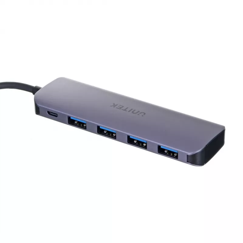Hub USB Unitek P5+ — 5 puertos (4 × USB 3.2 Gen 2 Type-A), host USB 3.2 Gen 1, 5 Gbit/s, 10 W PD, aluminio, gris