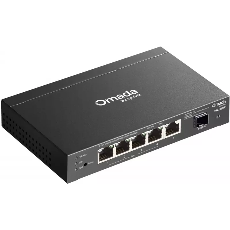 Switch de red TP‑LINK SG2206MP L2 Gigabit Ethernet PoE 5 puertos (5x Gigabit, 1x SFP, PoE+ 4 puertos, presupuesto 63W)
