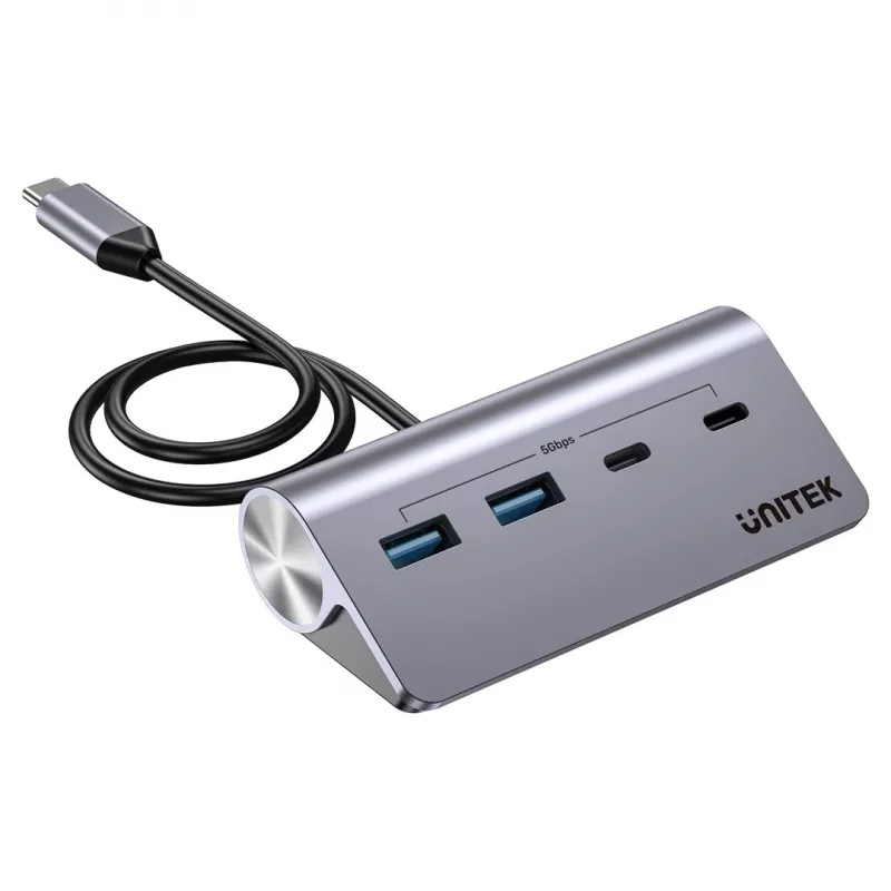 Hub USB Unitek H1337AGY01 – 4 puertos (2×USB-C, 2×USB-A), hasta 5 Gbit/s por puerto, aluminio, Plata