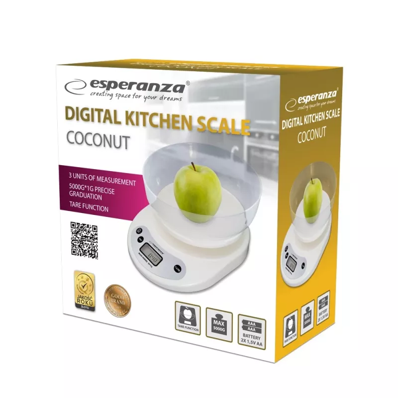 Báscula de cocina electrónica ESPERANZA EKS007 — capacidad 5 kg, precisión 1 g, blanca