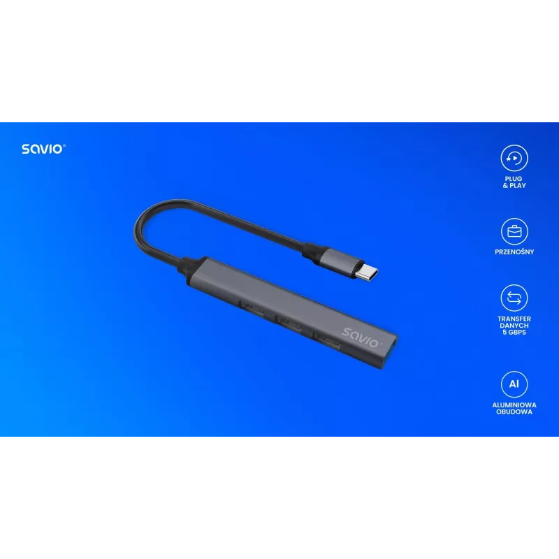 Hub de interfaz USB 3.0 de 4 puertos SAVIO AK-71 con host USB-C, 5000 Mbit/s, 2 años de garantía