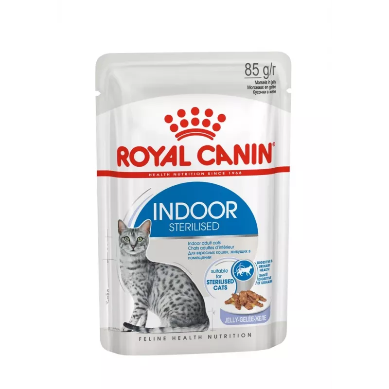 Comida húmeda para gatos Royal Canin Indoor Sterilized 85 g bolsa — gatos adultos esterilizados de interior, sabor aves, pack 12 x 85 g