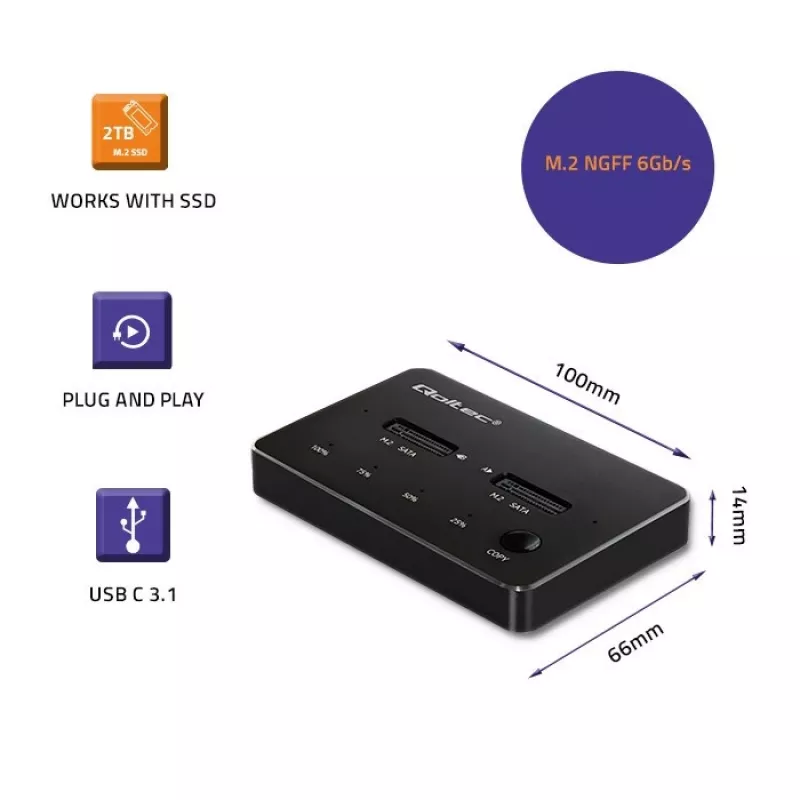 Qoltec 50310 Base de acoplamiento 2x SSD M.2 SATA NGFF USB Type-C