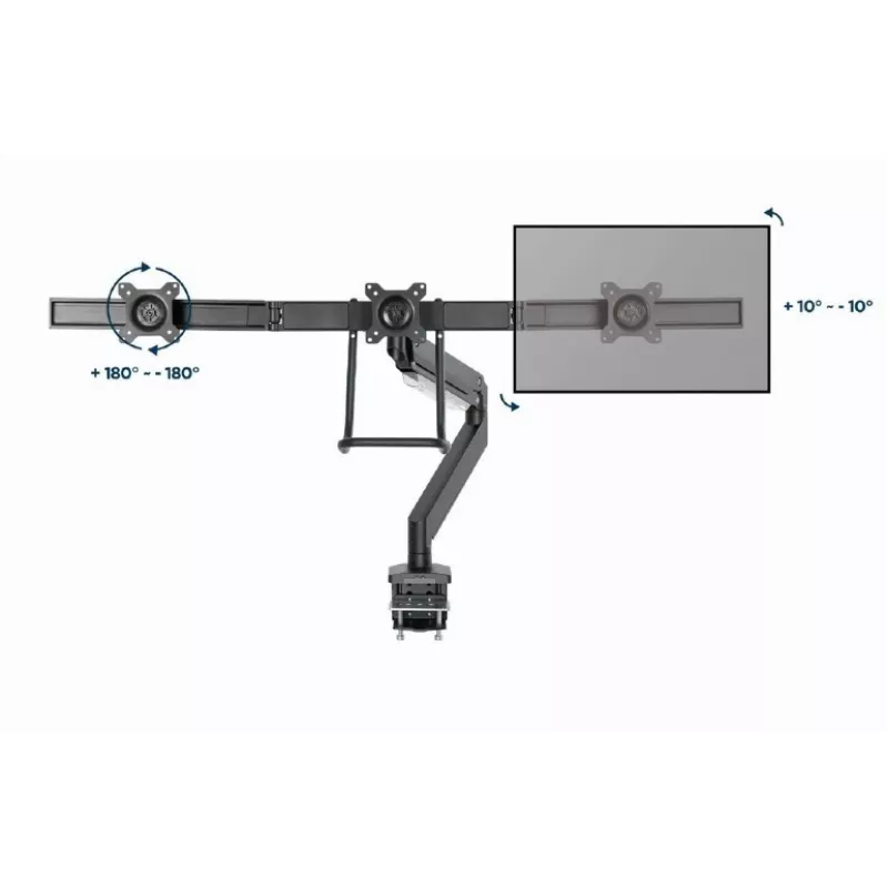 Soporte de escritorio para monitor GEMBIRD MA-DA3-03, 3 brazos, resorte de gas, VESA 75–100x100, soporta 3 pantallas de hasta 27 inch , máx. 18 kg, negro
