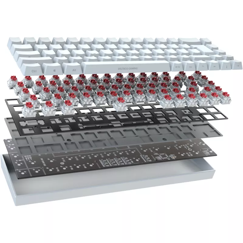 Deltaco GAM-100-W-DE. Teclado factor de forma: 65%. Estilo de teclado: Recto. Interfaz de dispositivo: USB + Bluetooth, interruptor de tecla: interruptor mecánico,