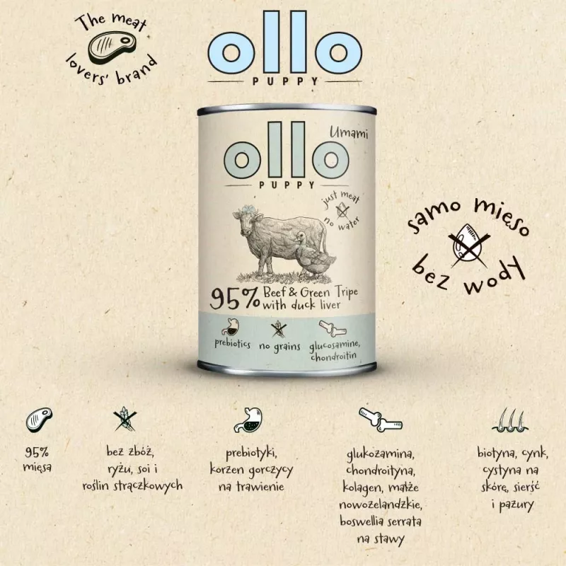 OLLO Puppy Umami Ternera y callos verdes con hígado de pato - comida húmeda para perros - 400 g