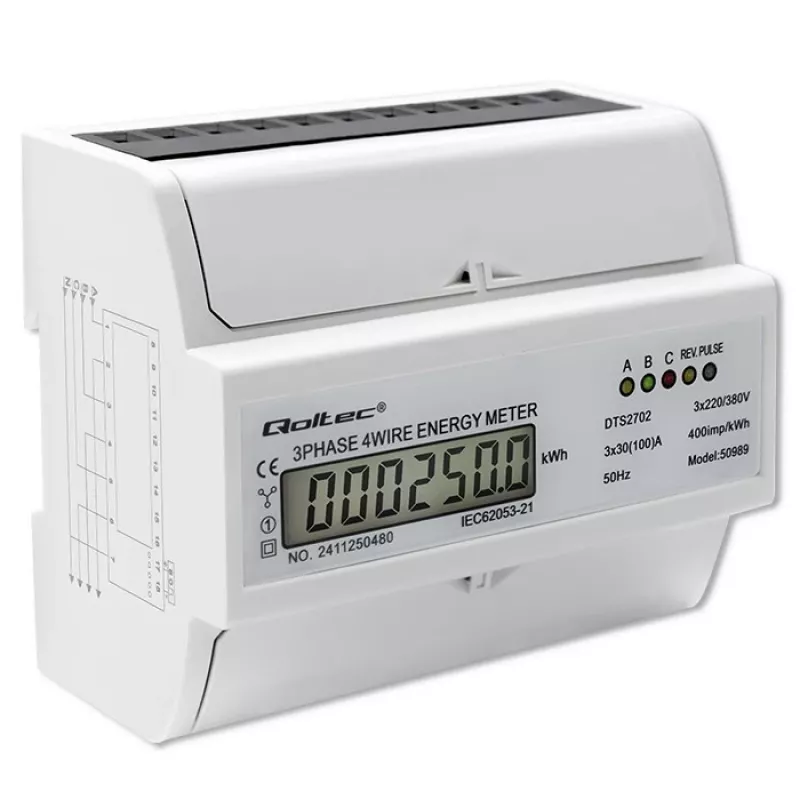 Contador electrónico bidireccional trifásico Qoltec | Contador de consumo eléctrico para carril DIN | 400V | 100A | LCD | 4P