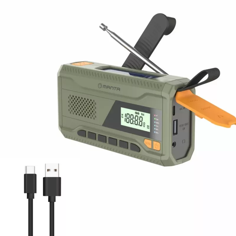 Radio FM portátil MANTA RDI401G con panel solar, dinamo, batería de 4000–4500 mAh, salida USB de 5 V, 3 W, linterna