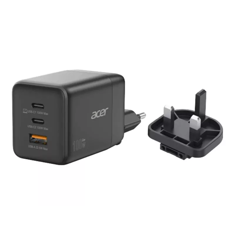Fuente de alimentación Acer - Tecnología PPS y GaN - 100 Vatios - PD 3.0 - 3 Puertos de salida (USB, 2 x USB-C)