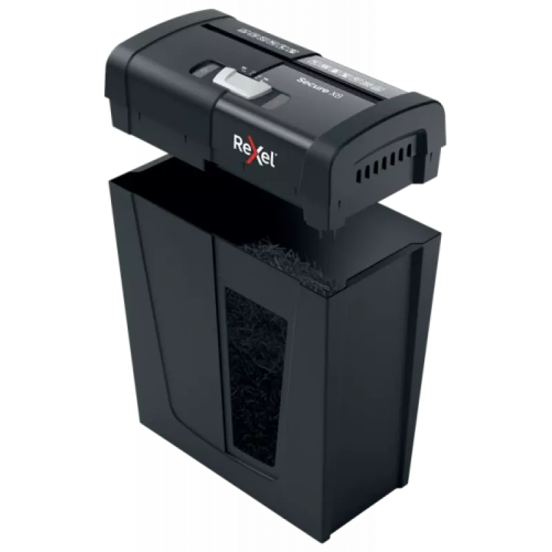 Destructora de papel REXEL Secure X8 — corte cruzado P-4, 4x40 mm, capacidad 8 hojas, depósito 14 l, negra