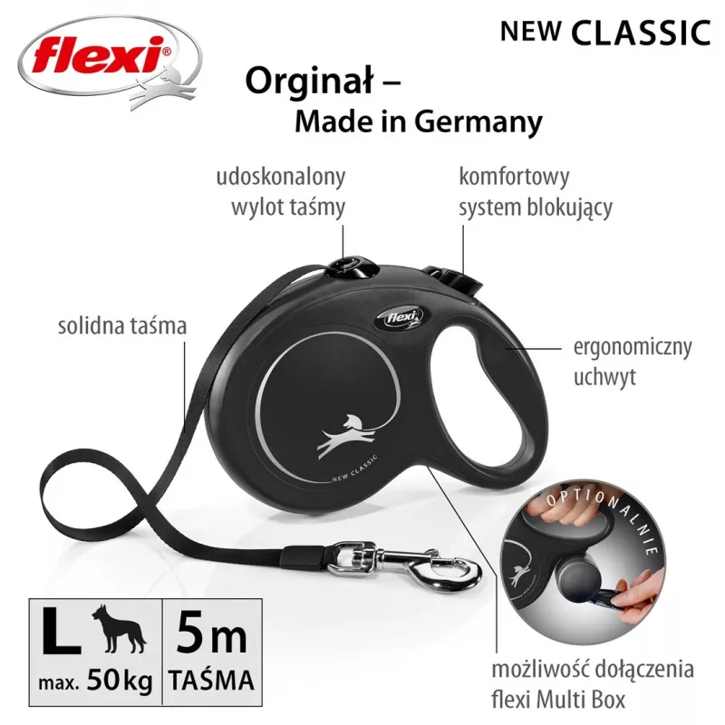 Flexi New Classic L correa extensible para perros, cinta, 5 m, hasta 50 kg, negro