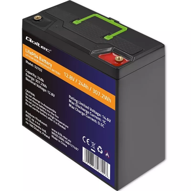Qoltec 53702 Batería LiFePO4 de litio-hierro-fosfato | 12,8V | 24Ah | 307,2Wh | BMS