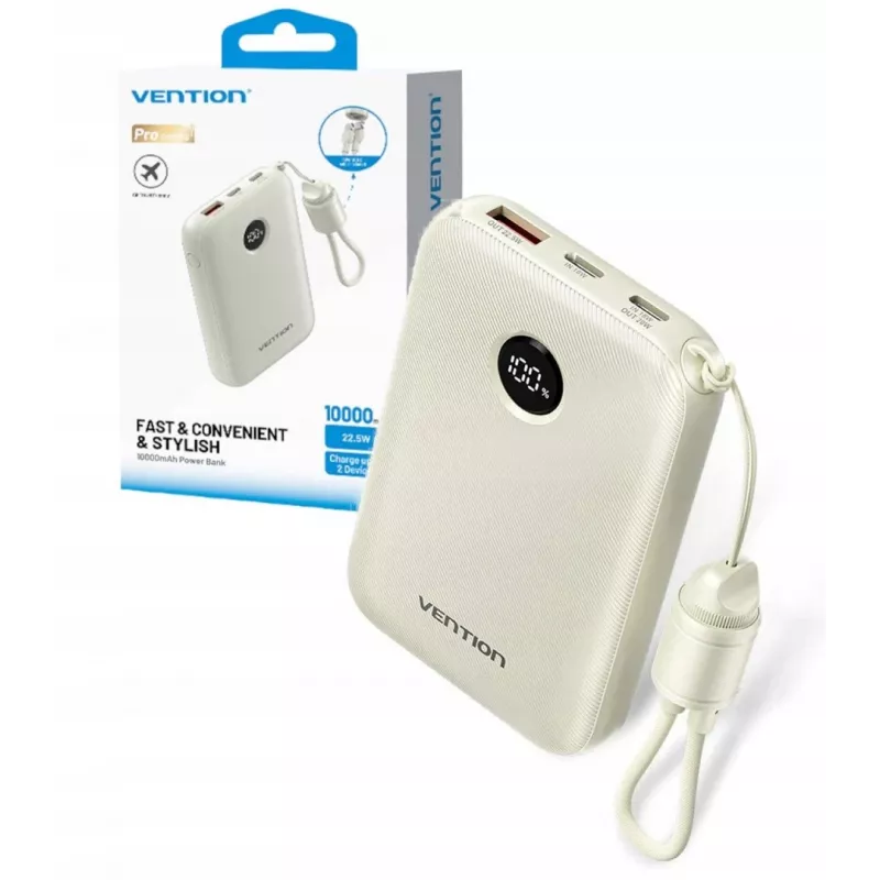 Batería externa Vention FKAN0-C 10000 mAh — 2× USB-C, 1× USB-A, 22,5 W, beige