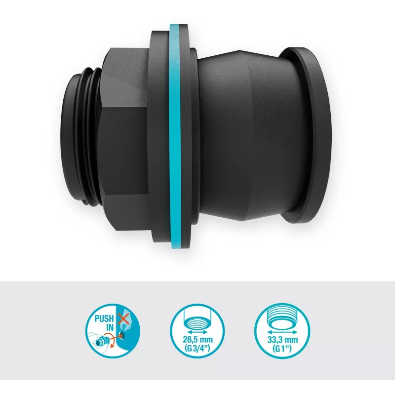 Conector de depósito Push IN, G 1 y G 3/4 (negro, para espesores de pared de 2-10 mm)