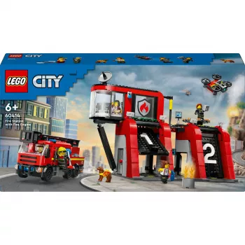 Juguete de construcción LEGO City Parque de bomberos con camión de escalera 60414 — 843 piezas, 5 minifiguras, 220×320×140 mm