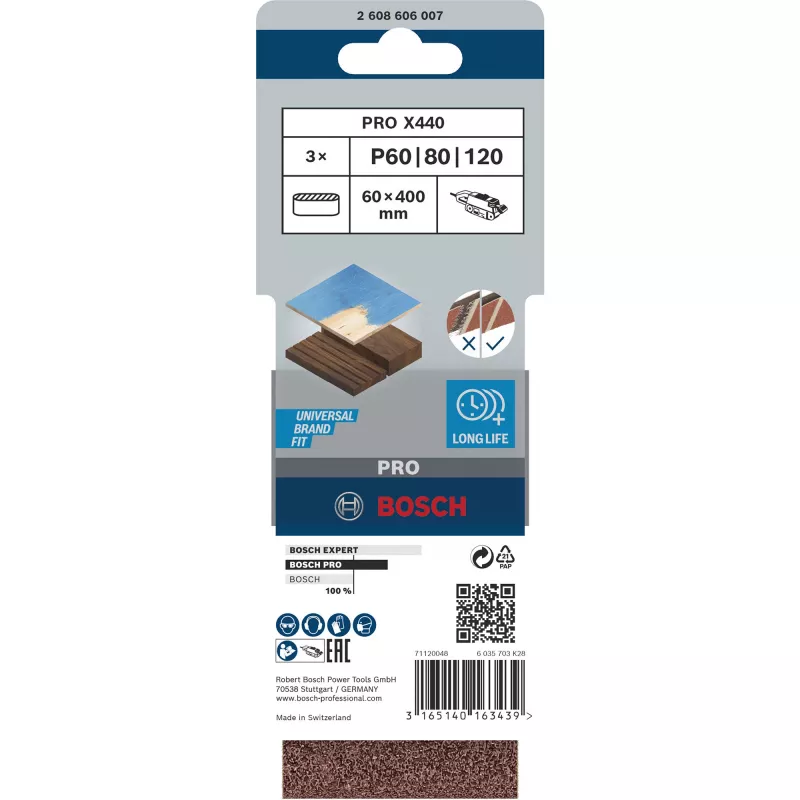 Bosch Best for Wood and Paint X440 juego de bandas de lijar, 60 x 400 mm, K60/80/100, 3 uds.