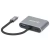Manhattan Dock/Hub USB-C, puertos (x4): HDMI, USB-A, USB-C y VGA, con Power Delivery (PD) 87W – se requiere cargador USB-C externo (no incluido). Alimentado por USB (no requiere fuente de alimentación externa) cuando no se utiliza PD, aluminio