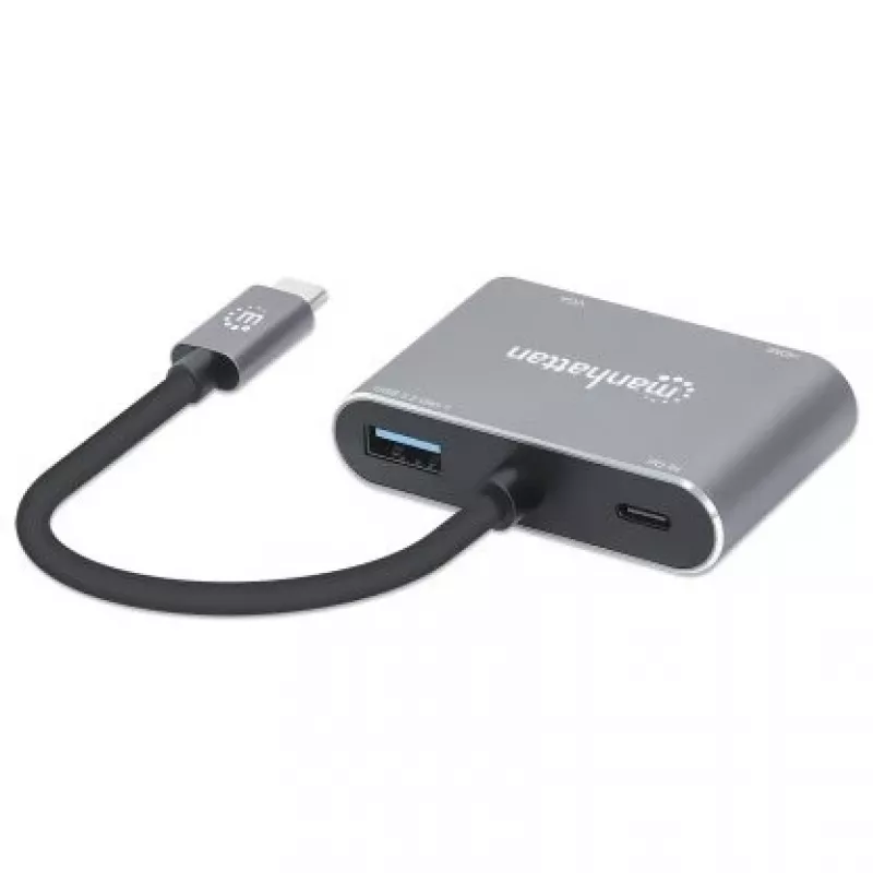 Manhattan Dock/Hub USB-C, puertos (x4): HDMI, USB-A, USB-C y VGA, con Power Delivery (PD) 87W – se requiere cargador USB-C externo (no incluido). Alimentado por USB (no requiere fuente de alimentación externa) cuando no se utiliza PD, aluminio