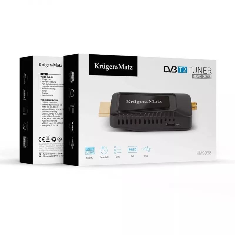 Sintonizador mini DVB-T2 H.265 HEVC KRUGER & MATZ KM9998, 470–862 MHz, 1 sintonizador, HDMI, USB, 720p