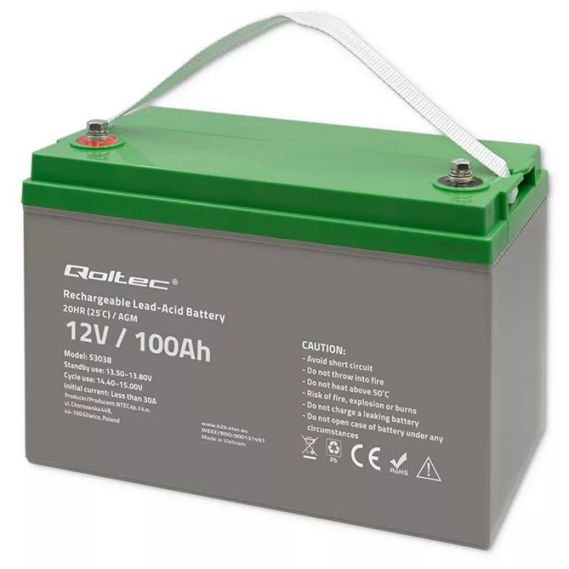 Batería AGM Qoltec 53038 | 12V | 100Ah | máx 1200A