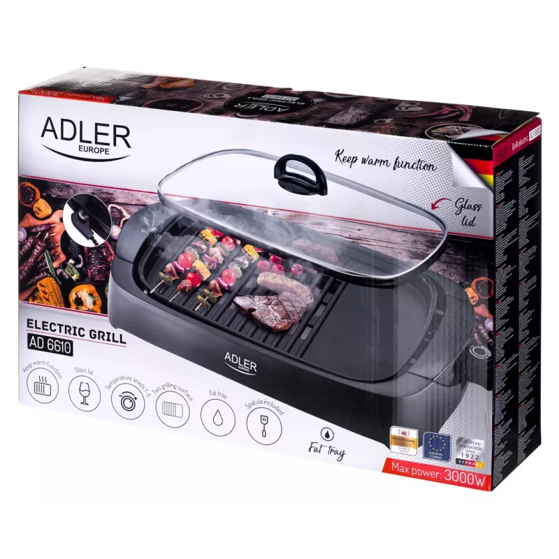 Parrilla eléctrica de sobremesa Adler AD 6610, 3000 W, negra, parrilla+plancha rectangular de doble zona