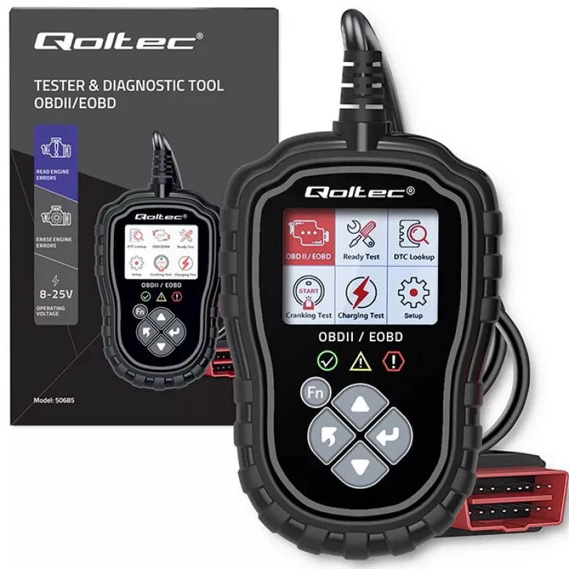Probador de diagnóstico OBDII QOLTEC ProLine 50685 — escáner OBD-II para vehículos para sistemas de 8V/25V