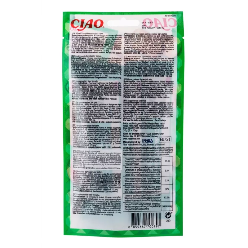 INABA Churu Bites atún con pollo - snacks para gatos - 3x10 g