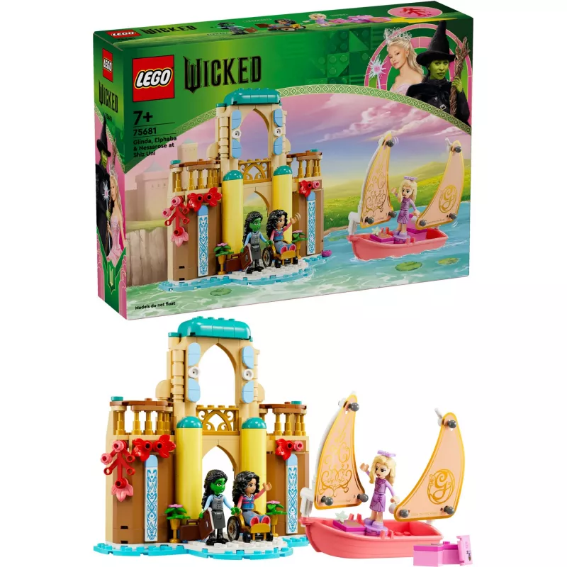 Set de construcción LEGO 75681 con minifiguras de Wicked, Glinda, Elphaba, Nessarose y Shiz Universidad