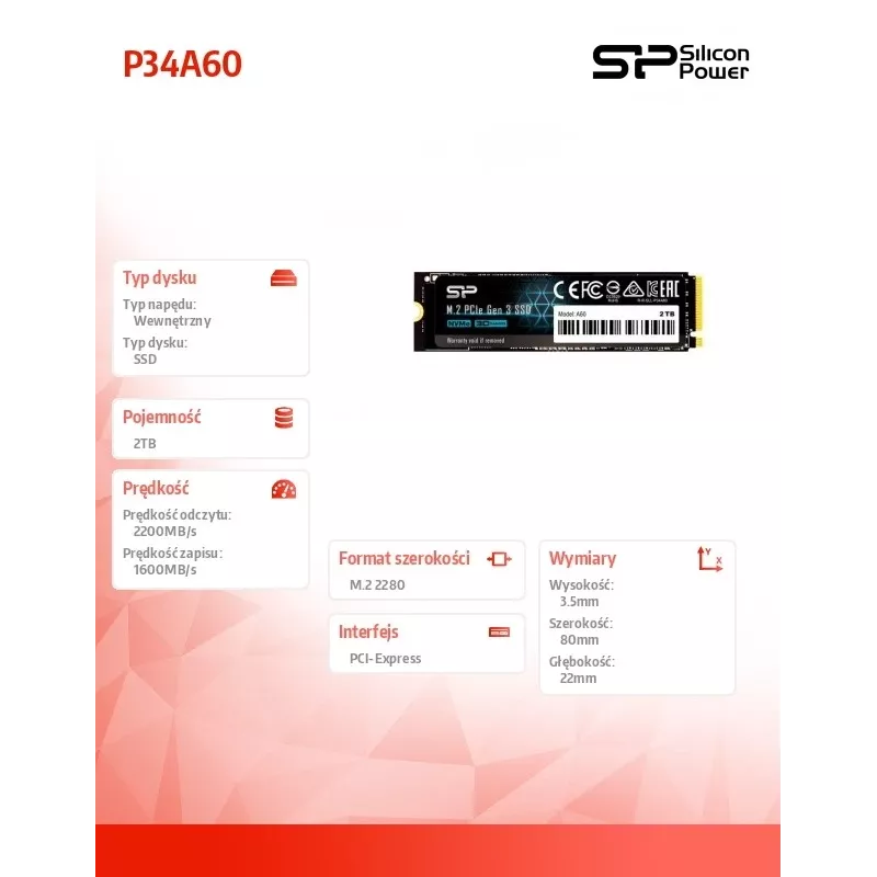 SSD M.2 NVMe Silicon Power P34A60 2 TB, PCIe 3.0 x4, lectura 2200 MB/s, escritura 1600 MB/s