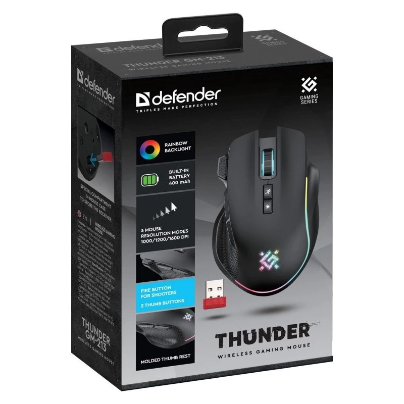 Ratón DEFENDER GM-213 THUNDER RF 1600dpi 8P NEGRO