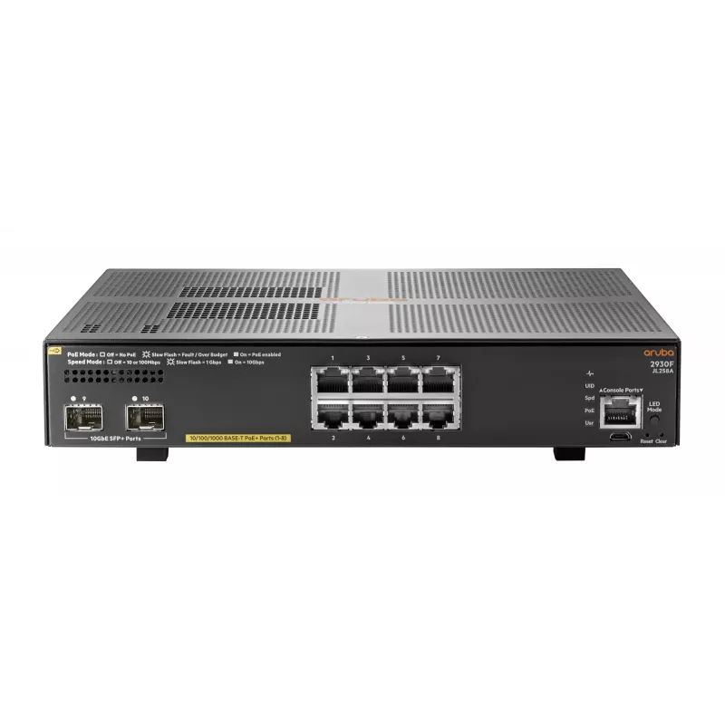 Hewlett Packard Enterprise HPE Aruba 2930F 8G PoE+ 2SFP+ - Switch - L3 - gestionado - 8 x 10/100/1000 (PoE+) + 2 x 1 Gigabit/10 Gigabit SFP+ (Uplink) - montaje en rack - PoE+ (125
