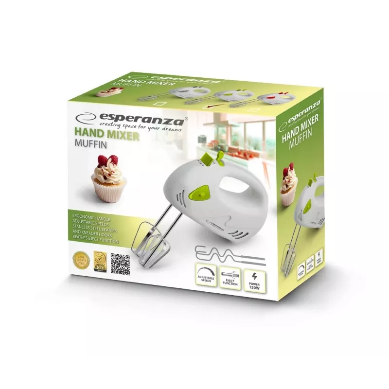 Batidora de mano ESPERANZA EKM007G — 150 W, 7 velocidades, varillas, mango ergonómico, cable de 1,1 m, verde/blanco