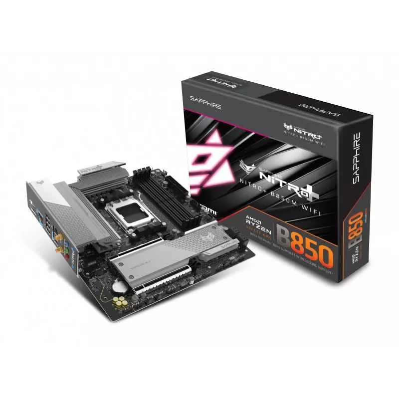 Placa base Sapphire NITRO+ B850M WIFI — AMD B850, zócalo AM5, micro ATX, DDR5, 4x DIMM, Wi‑Fi 6, 2,5Gb LAN, 2x M.2