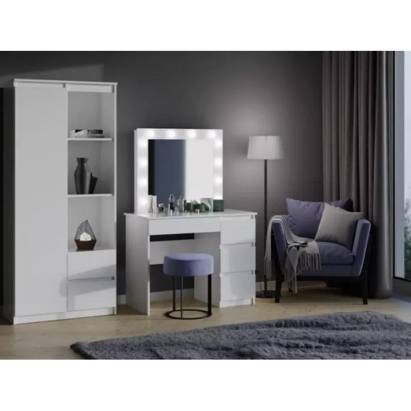 Conjunto de tocador MIJAS, lado derecho, top e shop — mesa 98×76×51 cm, 4 cajones, espejo LED, blanco, altura 1460 mm