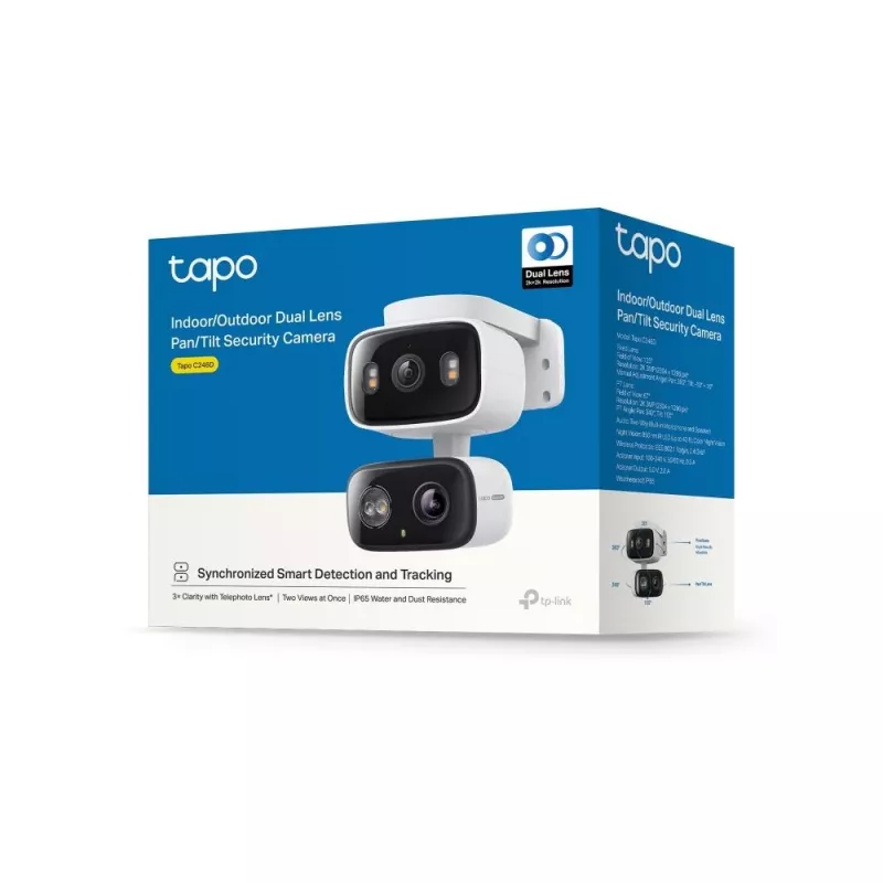 TP-Link Tapo C246D cámara de seguridad de interior / exterior con doble objetivo y movimiento horizontal/vertical, 2K 3MP (2304×1296), gran angular de 125° + teleobjetivo de 6 mm, IP65, Wi-Fi, microSD de hasta 512 GB