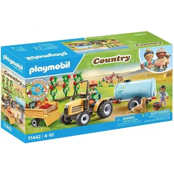 Playmobil 71442 Country: Tractor con remolque y depósito de agua – Cosecha fresca en la granja – Descubre el medio ambiente jugando – Juego de rol imaginativo