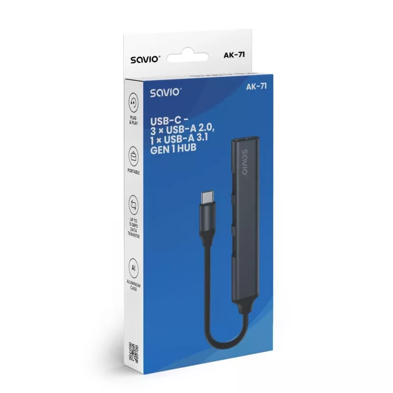 Hub de interfaz USB 3.0 de 4 puertos SAVIO AK-71 con host USB-C, 5000 Mbit/s, 2 años de garantía