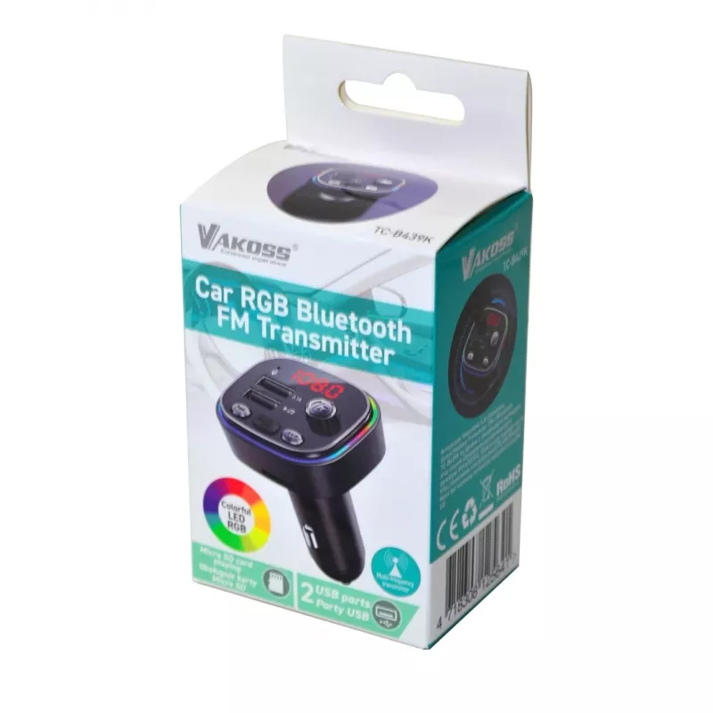 Transmisor FM VAKOSS TC-B439K Bluetooth USB, 87,5–108 MHz, reproducción microSD/USB, salida 5V/3,1A, indicador RGB