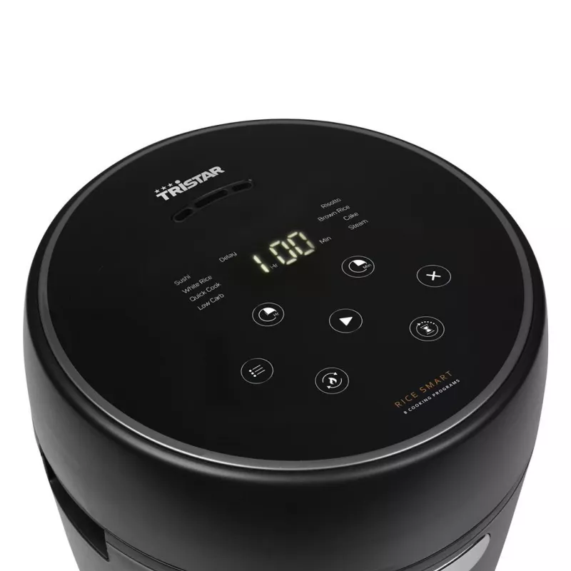 Olla arrocera Tristar RK-6238 – digital, 0,6 l, 350 W, 8 programas, función mantener caliente, LCD, negra