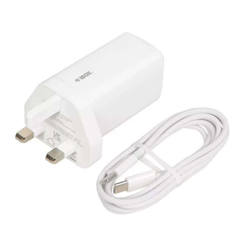 iBOX C-65 blanco, cargador universal GaN 65W con conector macho UK