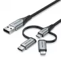Cable Vention USB 2.0 conector macho A a conector macho 3 en 1 Micro-B&USB-C&Lightning 1M Gris Aleación de aluminio