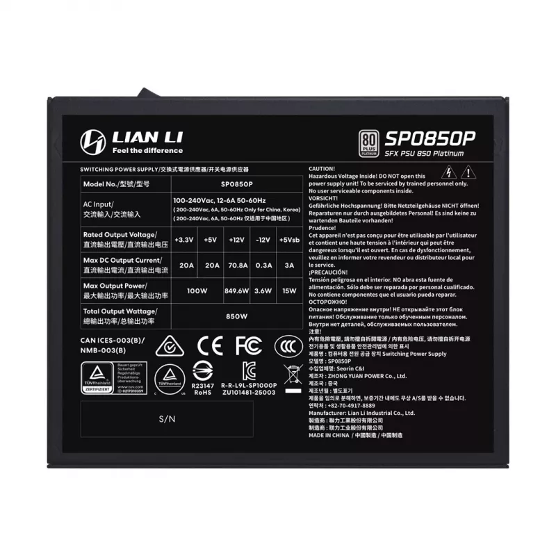 Fuente de alimentación Lian Li SP Series Platinum SFX 850W totalmente modular PCIe 5.1 ATX 3.1 (G9P.SP0850P.B000.EU)