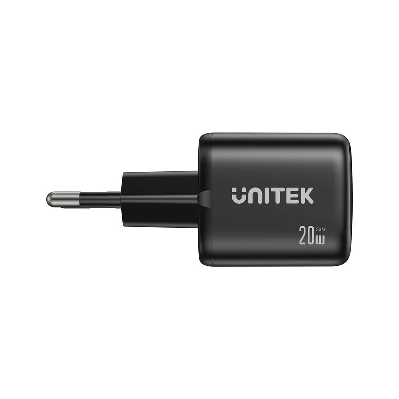 Cargador de pared Unitek P1128ABK01-EU – 2 puertos GaN USB‑C y USB‑A, 20W en total, negro