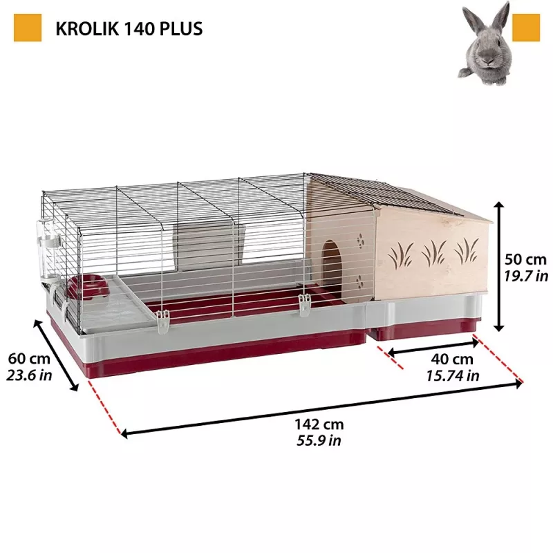 Jaula Ferplast Krolik 140 Plus para conejos, gris/rojo, B1420×T600×H500 mm, metal/plástico