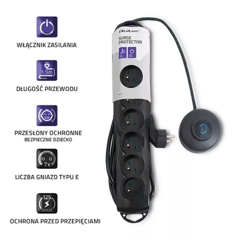 Protector contra sobretensiones Qoltec 50171 Negro 7 tomas AC 230V 1,5m