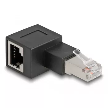 Adaptador DeLOCK conector macho RJ45 a conector hembra RJ45 Cat.6A acodado 90° a la izquierda negro