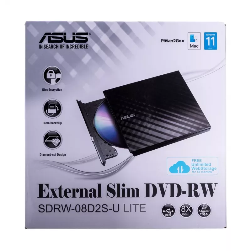 Unidad óptica externa DVD±RW ASUS SDRW-08D2S-U Lite, USB 2.0, negra, 24x CD / 8x DVD, 142×142×20 mm