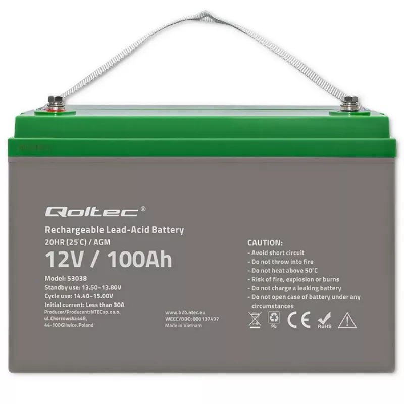 Batería AGM Qoltec 53038 | 12V | 100Ah | máx 1200A